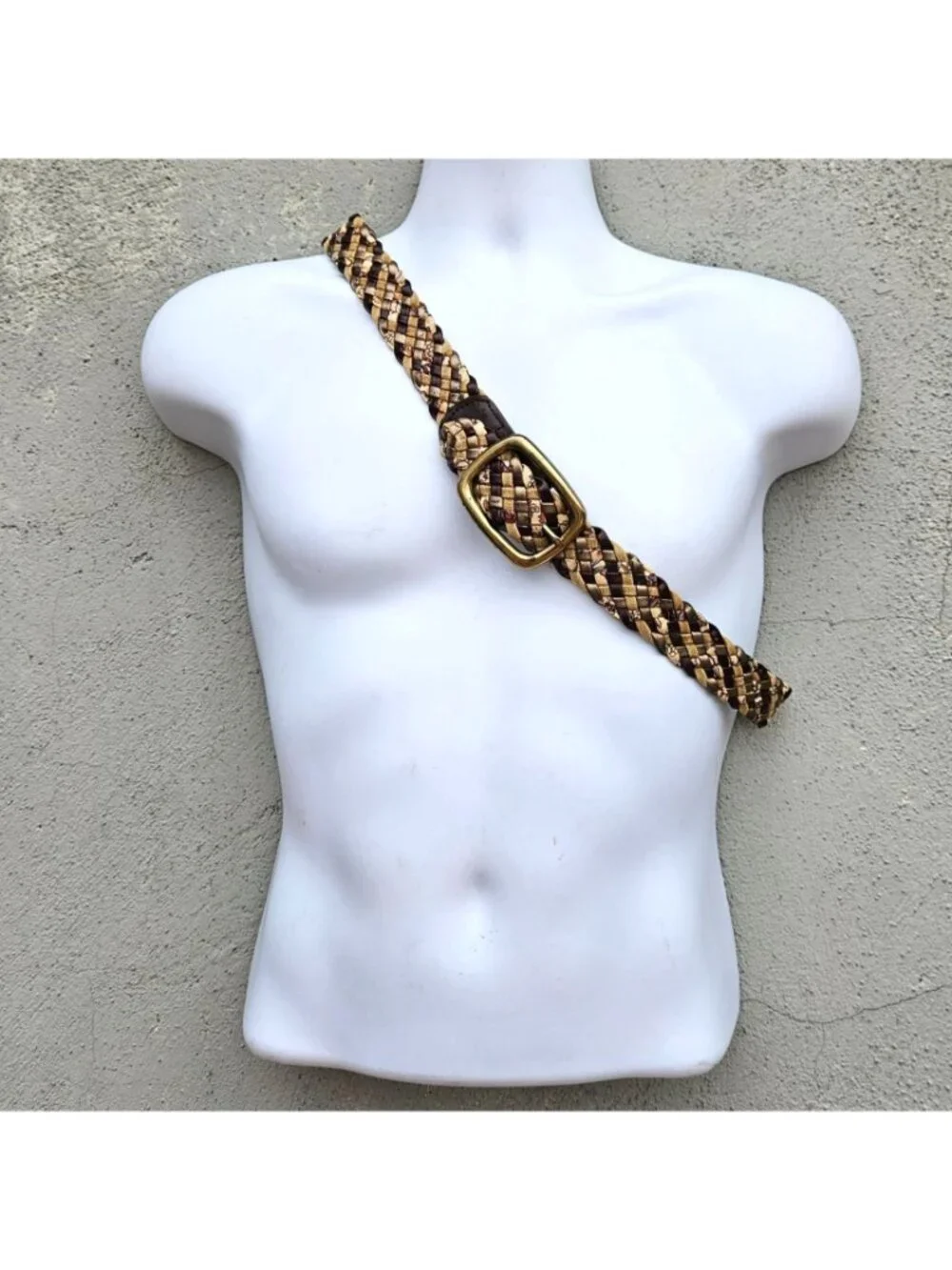 Vintage 70s Woven Leather Fabric Belt Brass Buckle Unisex One Size to 37